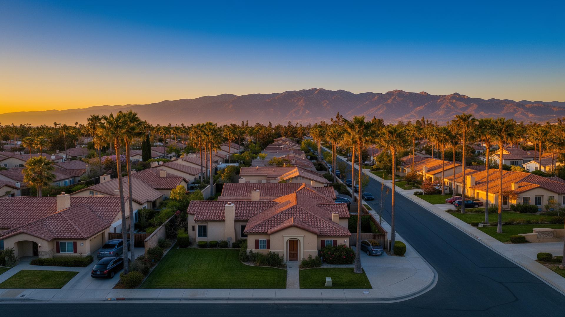 Modern luxury residential and commercial properties in the Inland Empire at twilight